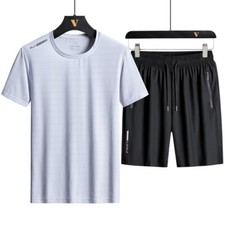 Suit Men Thin Ice Silk Breathable Stretch Suit T-Shirt Casual Sports Shorts Suit