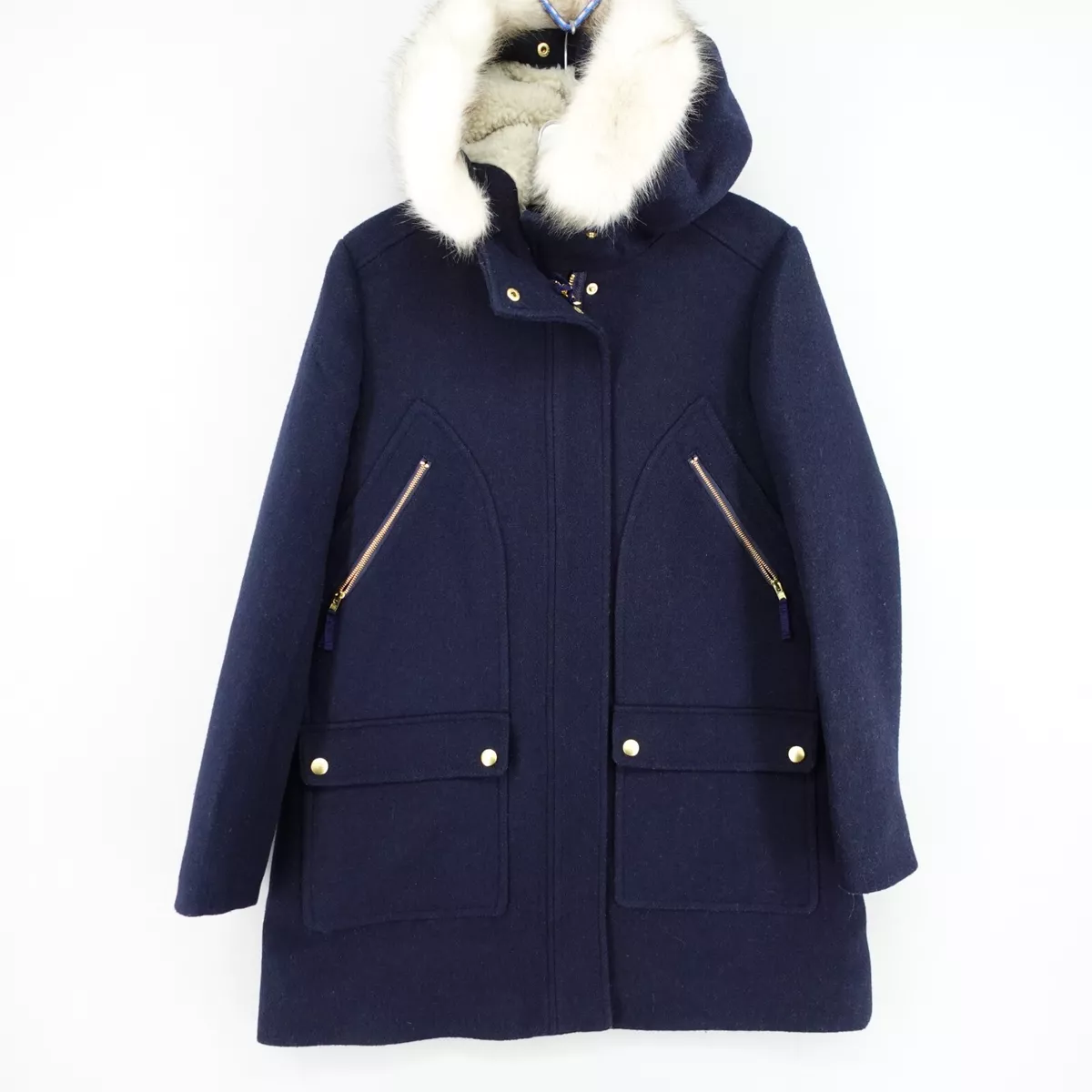 J Crew Crewcuts Girls Wool Chateau Coat XL Navy Blue Removable Faux Fur Hood