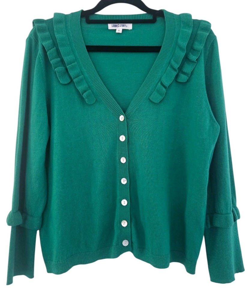 Loobie's Story Green Button Front Knit Cardigan Women's Size Small Cotton Silk