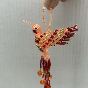 Handmade Beaded Hummingbird Ornament – Orange Glass Seed Beads 6” Hanging