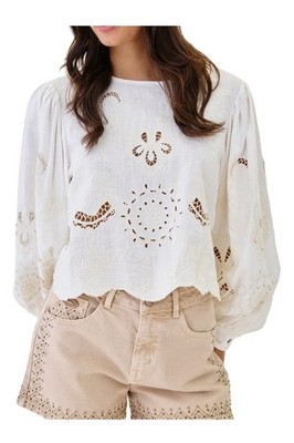 NEKANE LX.WERET-000001 Women's Ecru Embroidery Cropped Viscose Linen Blouse