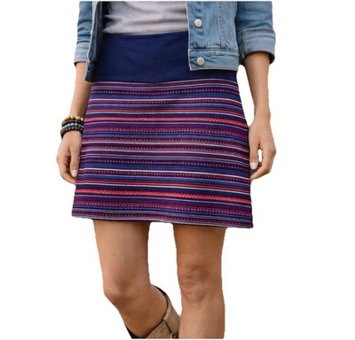 Coline Boho Mini Skirt XL Blue Tribal Stripe Stretch Woven Knit Festival