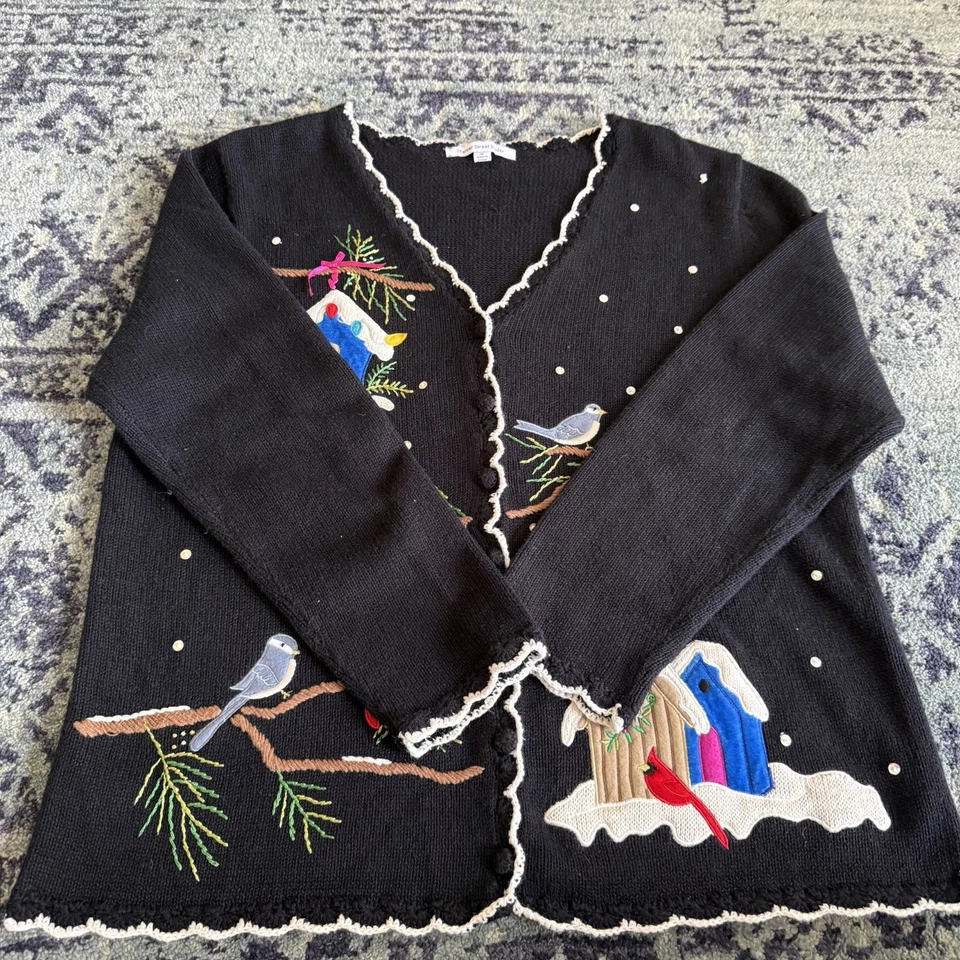 Cárdigan tejido vintage Grandmacore Navidad novedad con pajareras talla mediana Foto 4 de 4