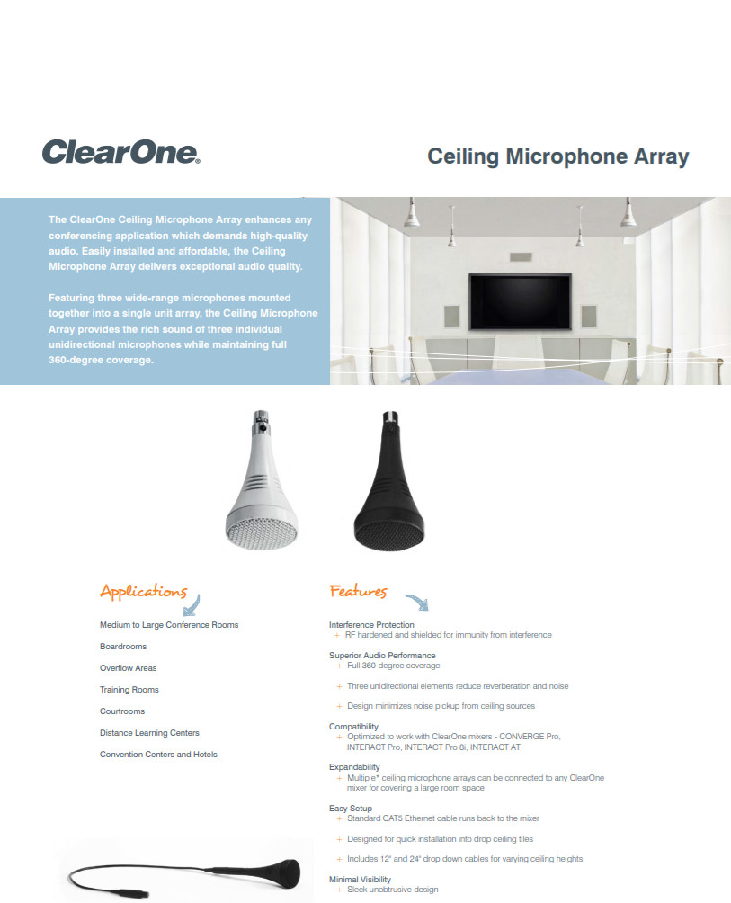 Microphone de plafond ClearOne omnidirectionnel suspendu pour conférence