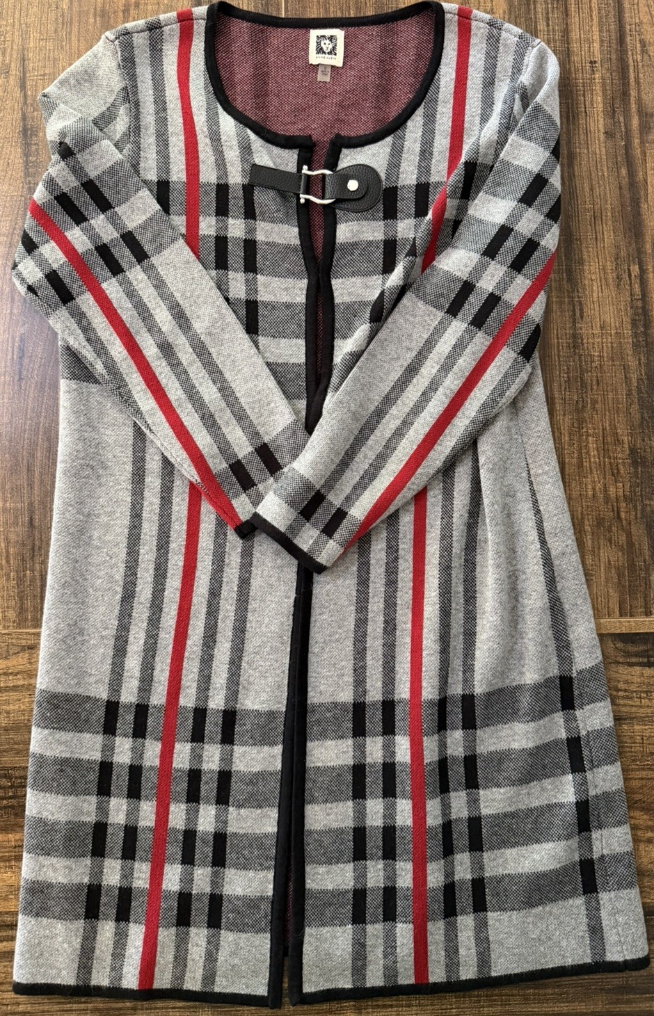 Anne Klein Women Plaid Long Cardigan Sweater Coat Grey Red Buckle Closure Size S