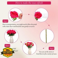 Hot Pink Silk Rose Flowers Long Stem Realistic Plastic Bouquet 20 Pcs