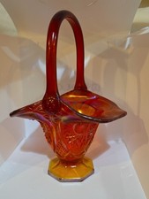 Indiana Carnival Glass Basket Red Amberina Footed Handle Vtg 10” Iridescent