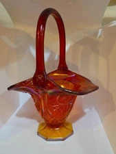 Indiana Carnival Glass Basket Red Amberina Footed Handle Vtg 10” Iridescent