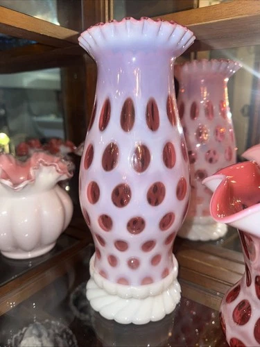 Fenton Cranberry Opalescent Coin Dot Fairy Lamp 13”  Vintage No Chips Or Cracks