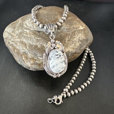 White Buffalo Turquoise Pendant Navajo Pearls Sterling White Buffalo Turquoise Pendant Navajo Pearls Sterling
