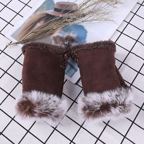 Womens Faux Suede Rabbit Fur Hand Wrist Warmer Fingerless Winter Lined Gloves ↷ - Picture 16 of 21