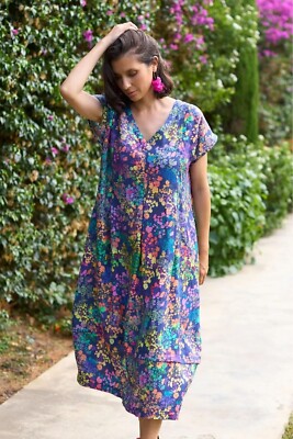 BEAUTIFUL SAHARA LONDON SCATTERED FLORAL LINEN BUBBLE DRESS SIZE