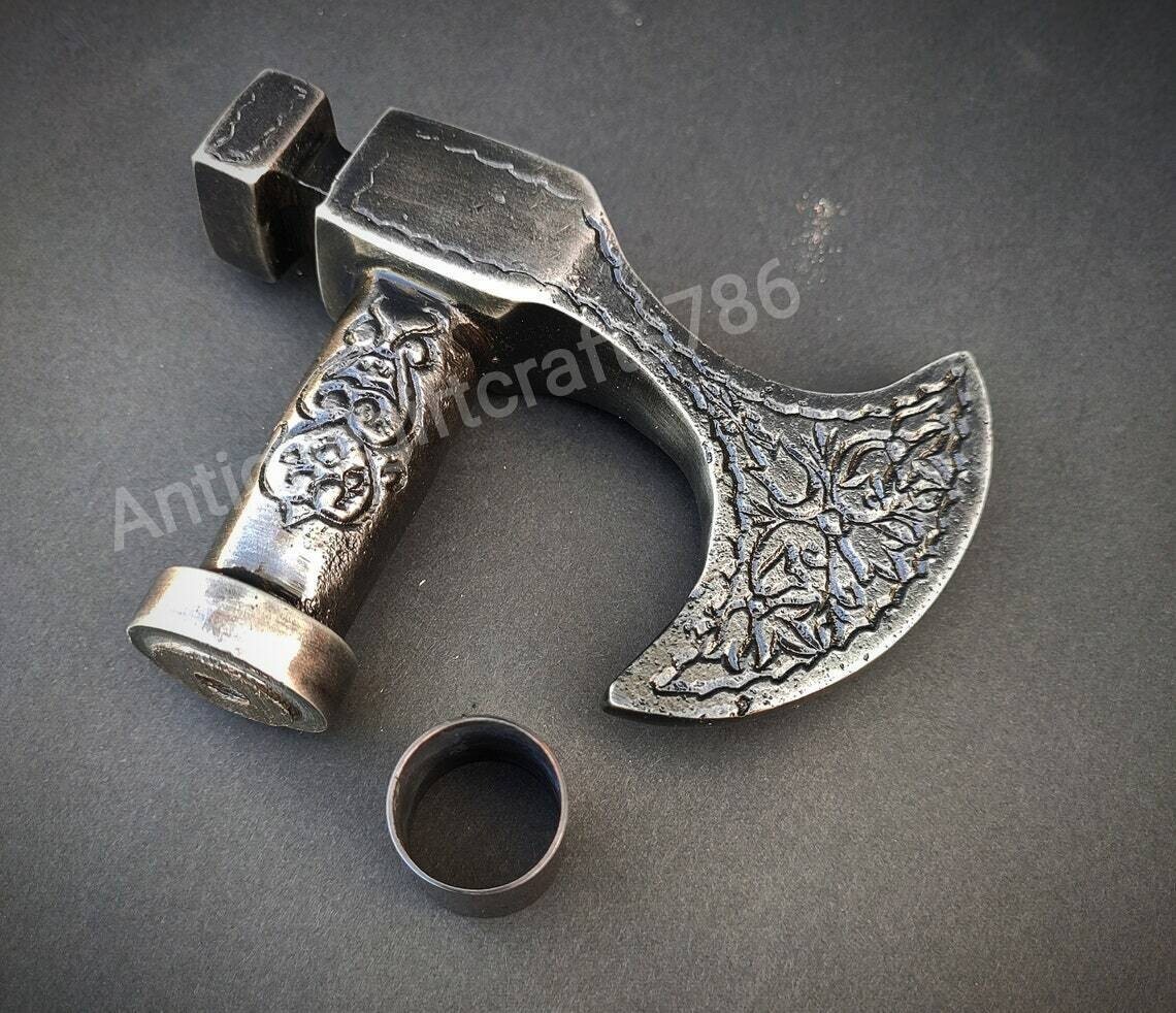 Solid Antique Pewter Axe Walking Stick Wooden Can… - image 2