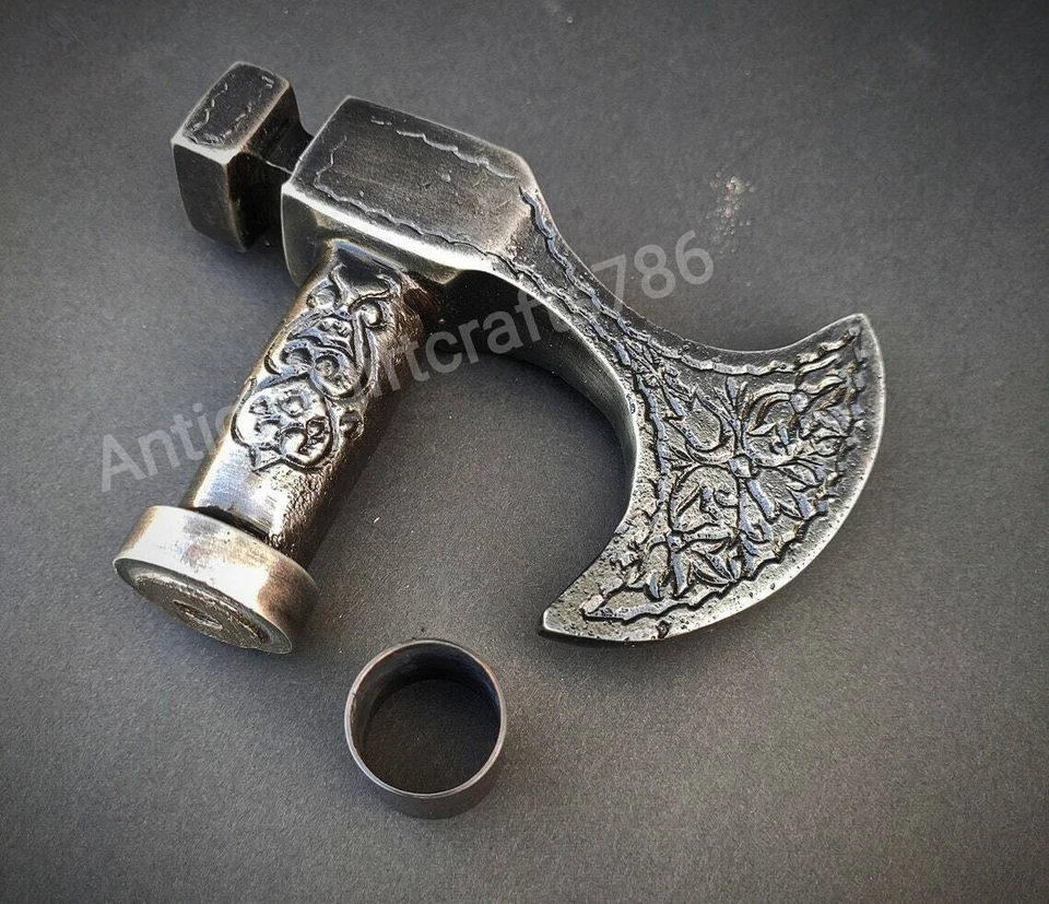 Hacha de peltre antigua sólida bastón bastón de madera estilo hecho a mano Foto 2 de 4