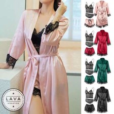 Women Satin Kimono Robe Lingerie Nightgown Sleepwear Silk Bathrobe Pajamas Set