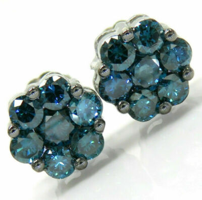 Men's Ladies 1Ct Simulated Blue Gemstone Flower Cluster Earrings 14k Gold  Plated