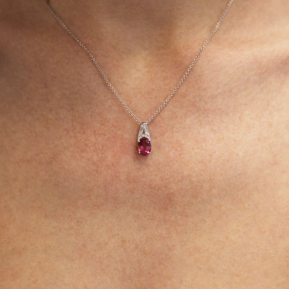 1.5 ctw Natural Pink Tourmaline & Diamond Solid 14k White Gold Drop Pendant 17MM - Image 3 of 3