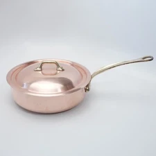 Mauviel 1830 9.5" Copper & Stainless Steel Sauté Pan w Lid & Brass Handle France