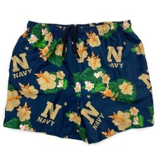 Navy Aloha Print Lined Swim Trunks Mens Large Shorts Blue 100 Polyester