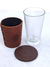 LEATHER-WRAPPED Beer Pilsner Glass + LEATHER Coaster, Embossed Football Images