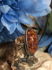 Vintage 925 Sterling Silver Oval Large Cabochon Baltic Honey Amber ring 12.7g 7s