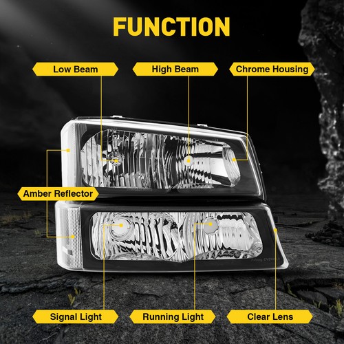 BLACK HOUSING HEADLIGHTS + PARK SIGNAL LIGHTS FIT FOR 2003-2006 CHEVY SILVERADO - Picture 6 of 12