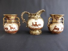 SET 3 PIECES 1 CRUCHE ET 2 VASES H. BEQUET QUAREGNON BELGE CERAMIQUE PEINT MAIN