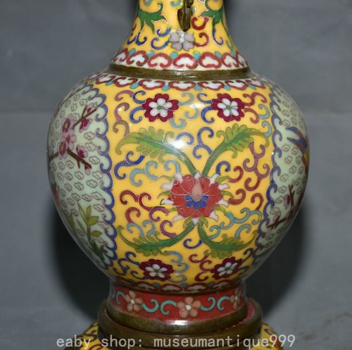 14.4" Old China Qianlong Bronze Cloisonne Magpie Flower Lion Head Legs Vase Pair - Picture 7 of 12