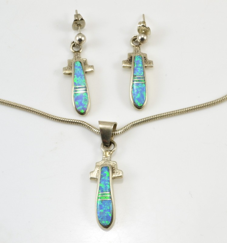 Ervin Hoskie Navajo Sterling Silver Inlaid Opal Necklace and Earrings Set