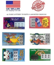 60 Fake Lottery Tickets 6 Assorted Designs Free Shipping GAG GIFT PRANK
