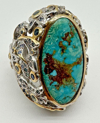 Vintage Studio GL Sterling Silver & Gold(?) Turquoise Ring with Sapphire Stones