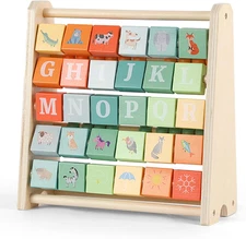 Wooden Activity Cube - Double-Sided Abacus & Alphabet Flip Tiles for Toddlers 18