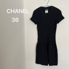 CHANEL Rib Knit Dress 36 Black Short Sleeve Elegant One Piece Rare SR1935