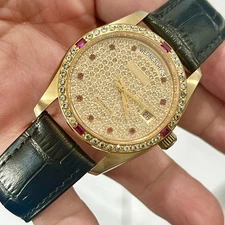 SANDOZ Automatic Day-Date 36mm Gold Plated Diamond Paved Ruby Dial & Bezel Watch