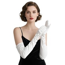 Women Long Gloves with Satin Elbow Length for 1920s Opera Tea White Stain