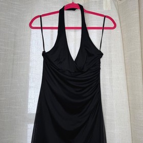 90s Y2K La Belle Wide Leg Halter Jumpsuit Black Mesh Ruched Vintage Goth Medium