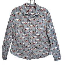 Boden The Classic Shirt Womens Size 10R Light Blue Floral Birds Button Top 10 M