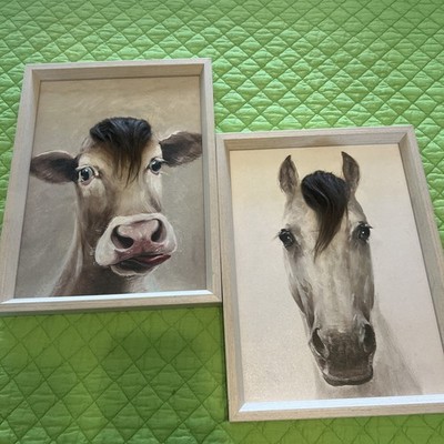 Farm Animal Horse And Cow Head Painted Wall Decor With Faux Hair Forelock 11x15