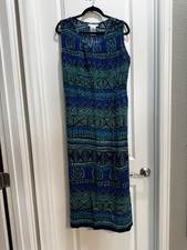 Madison Leigh Maxi Sleeveless Dress Blue Print Sz14 Round Neck Back Tie Slit