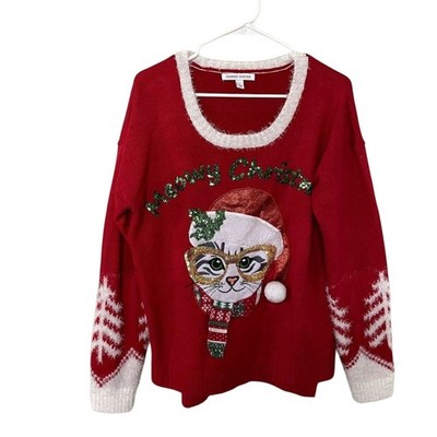 Celebrate Together Meowy Christmas cat design red white knit sweater size L