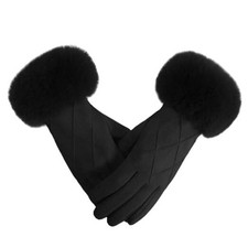 Women's Winter Suede Gloves with Fur Cuffs, Soft, Warm, Touchscreen, Black 2025