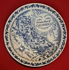 Picture Map of California Plate Vernon Kilns 10.5" Blue & White