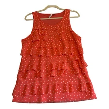 ELLE Women's Orange And White Tiered Layered Polka Dot Chiffon Tank Size Medium