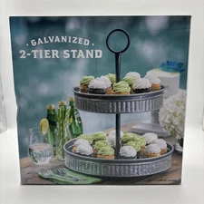 2 Tier Serving Tray Stand FarmhouseGalvanized Metal Home Kitchen Wedding Decor