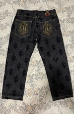 Crown Holder Jeans 36 Black Gold Embroidered GH Royal Crest Studded Denim
