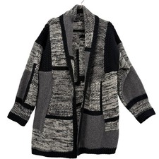 J.Jill Patchwork Cardigan Wool Blend Large Black Gray Oversized Chunky Slouchy
