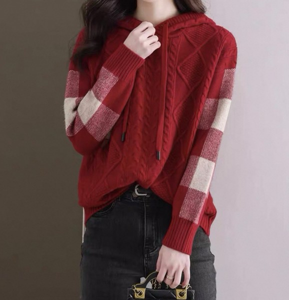 Red women's high-end temperament loose and slim outer wear hooded sweater Sz L