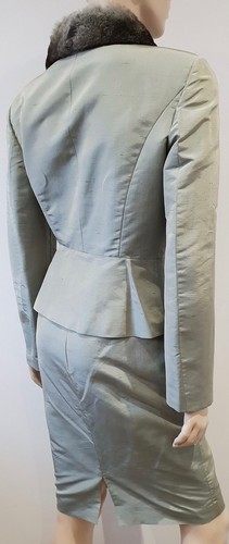 Anna Molinari Verde Pálido Seda Crema Gris Piel Cuello Jacket & Falda Corta Suit - Picture 8 of 12