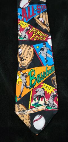 Vintage Mens Baseball Tie Comic Book Style Addiction Silk Colorful Soft All Star - Picture 2 of 12