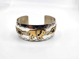Authentic NATIVE AMERICAN STERLING & GOLD PLATED BUFFALO CUFF BRACELET SIGNED THOMAS C895